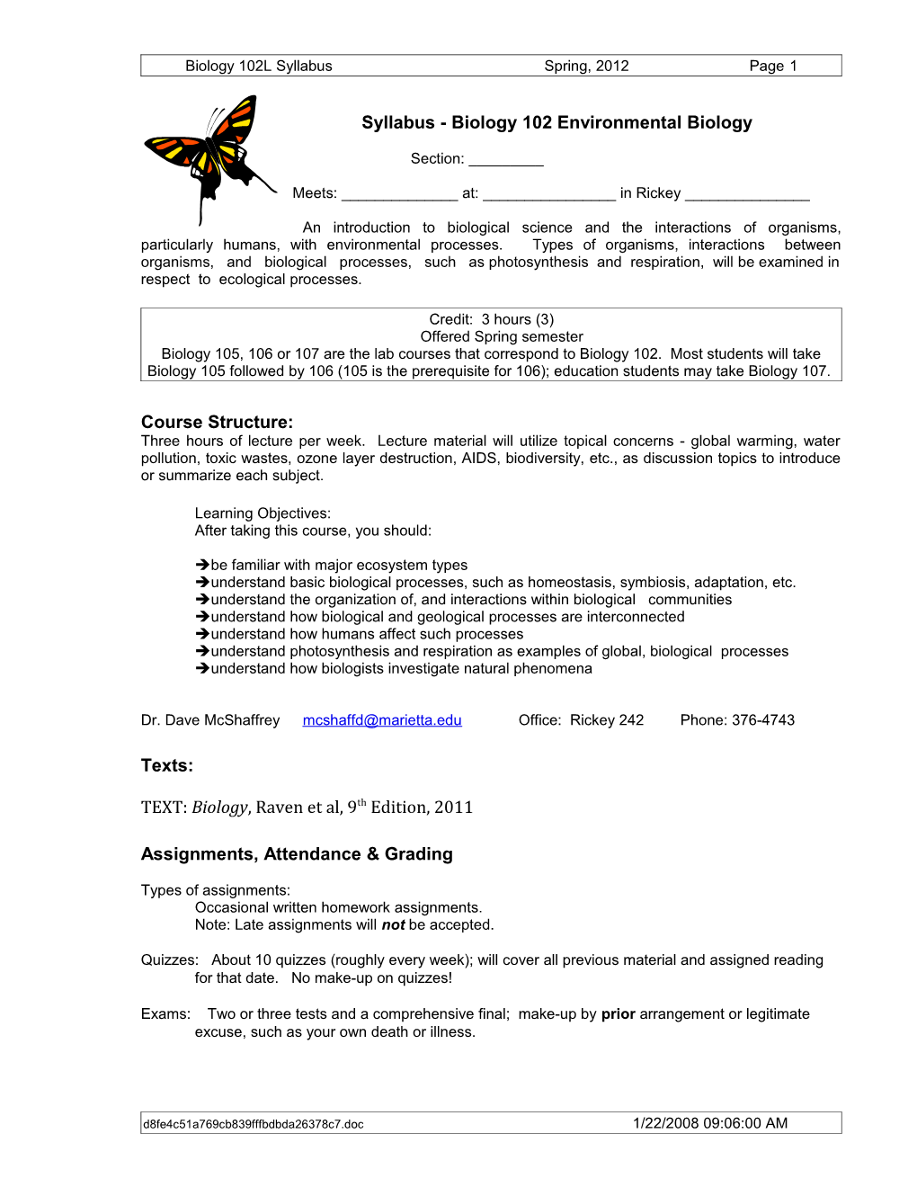 Syllabus - Biology 102 Environmental Biology