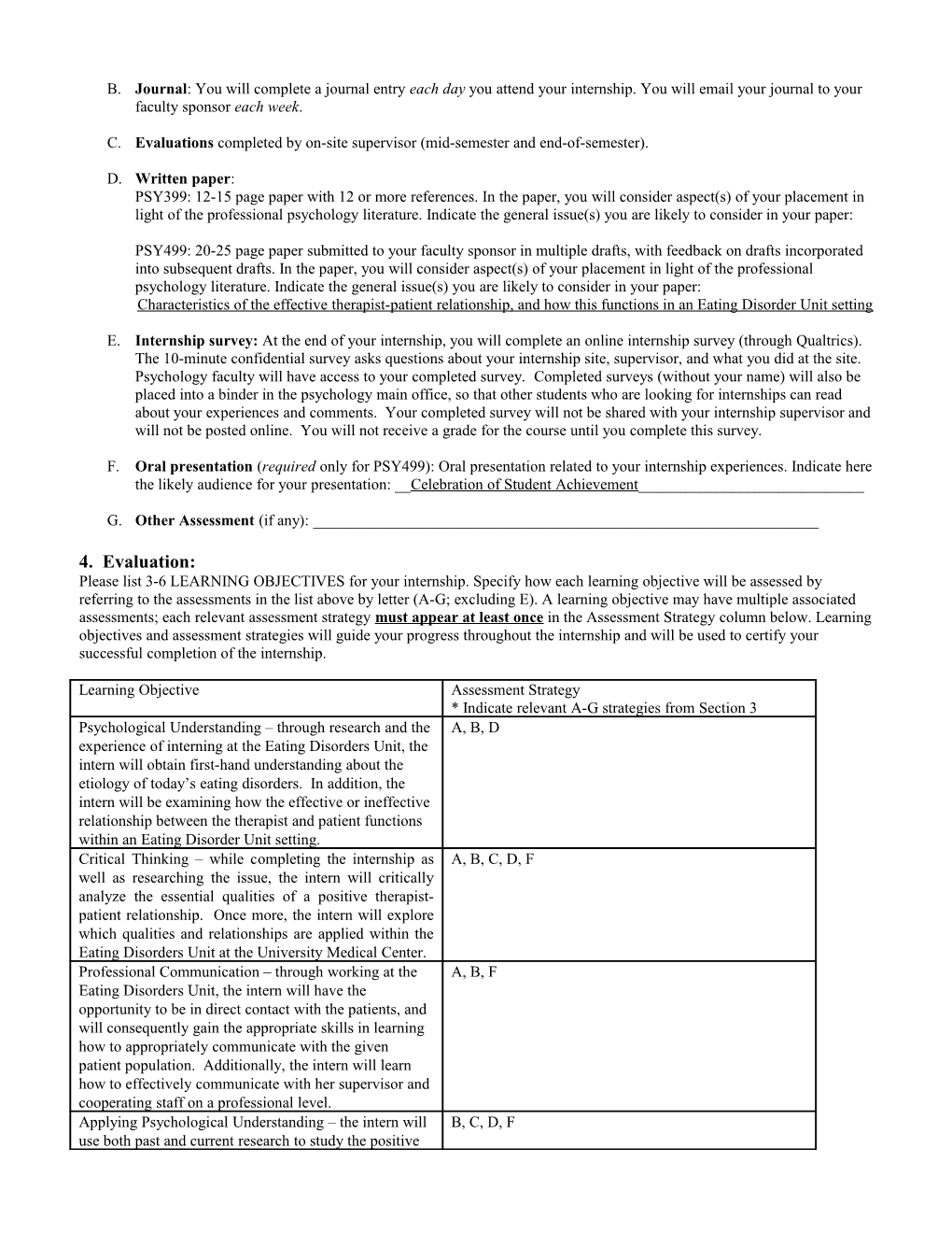 Samplepsychology Department Internship (PSY 499) Attachment Form