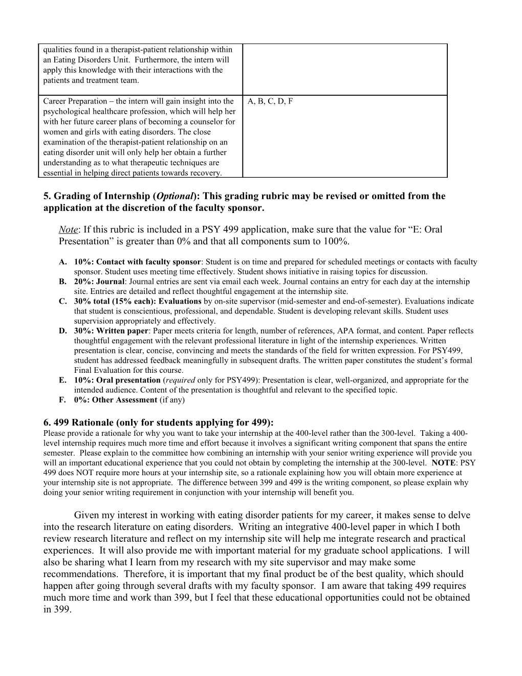 Samplepsychology Department Internship (PSY 499) Attachment Form