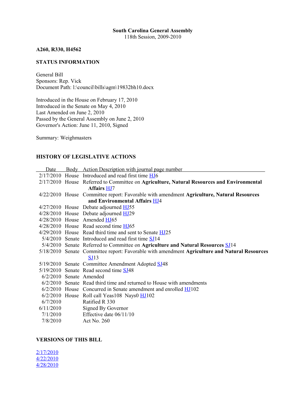 2009-2010 Bill 4562: Weighmasters - South Carolina Legislature Online