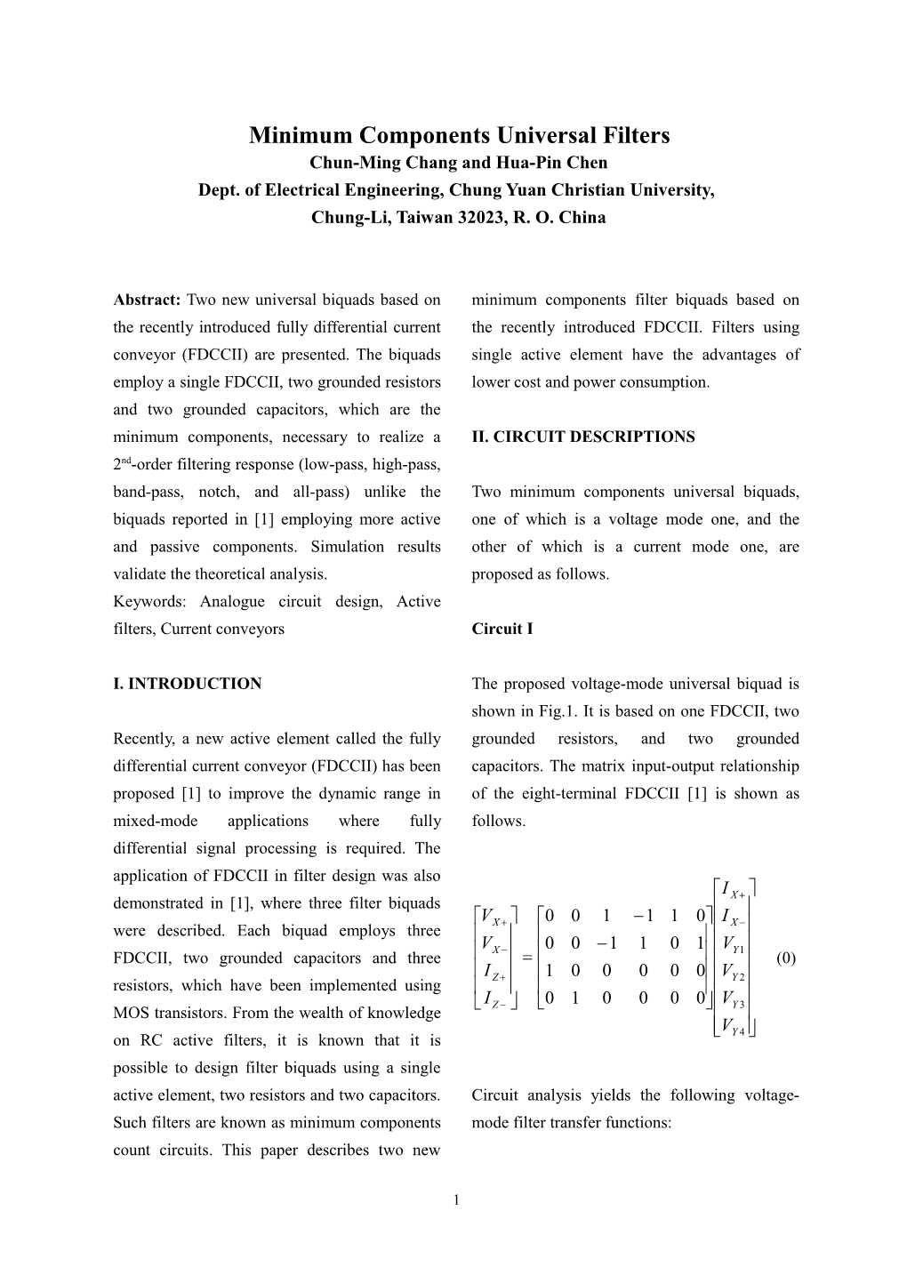 Minimum Components Universal Filters