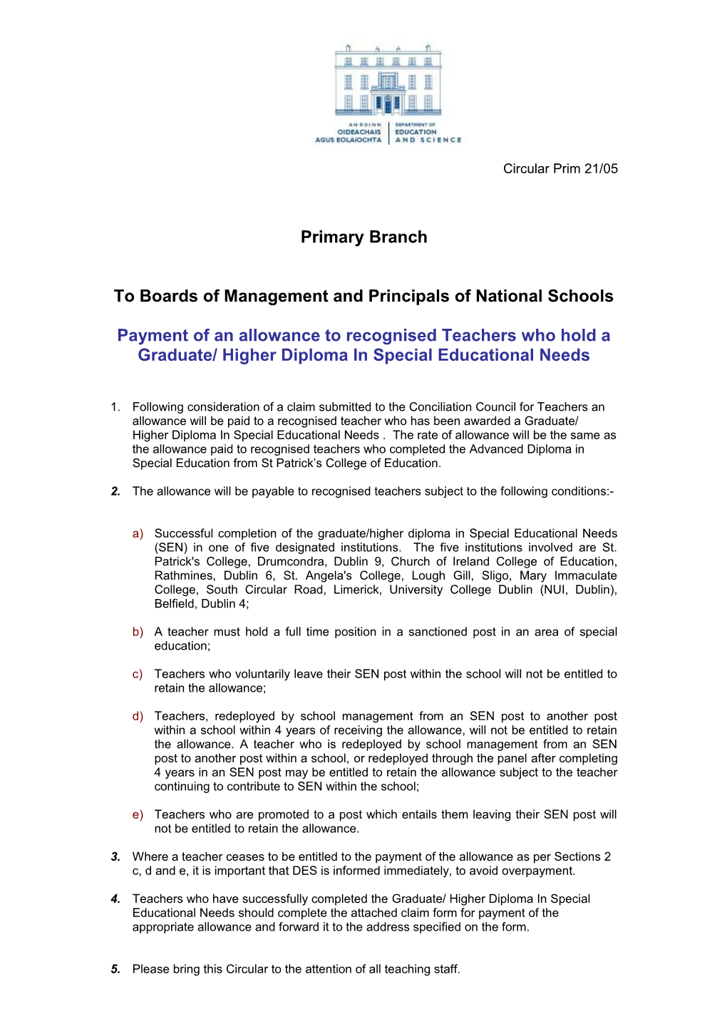 Primary Circular 21/05 - Payment of an Allowance to Recognised Teachers Who Hold a Graduate