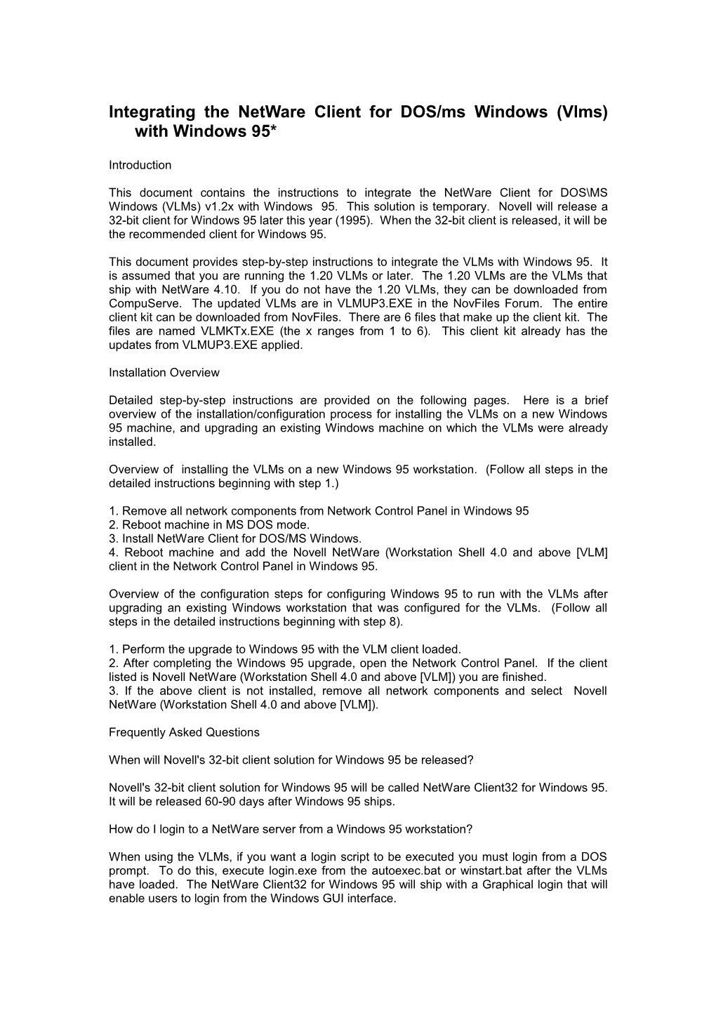 Integrating the Netware Client for DOS/Ms Windows (Vlms) with Windows 95*