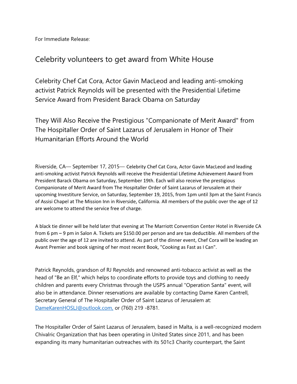 Celebrity Volunteers to Get Award from White House