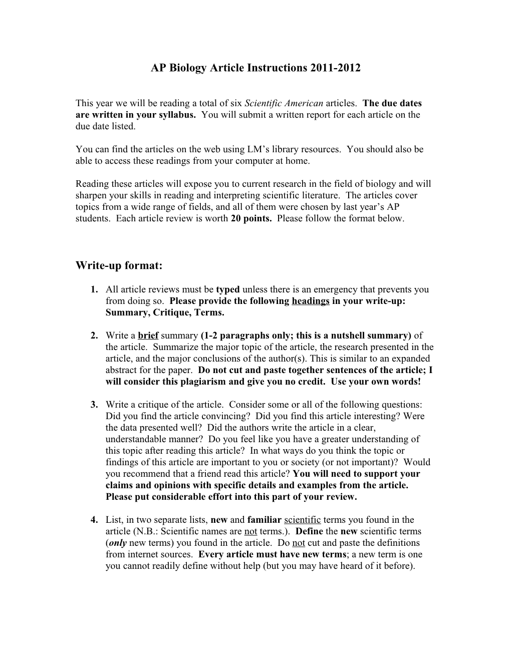 AP Biology Article Instructions 2006-2007