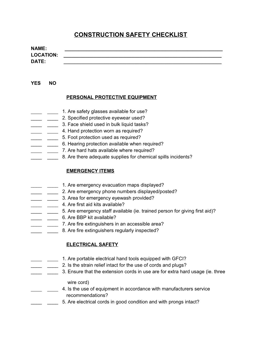 Construction Safety Checklist