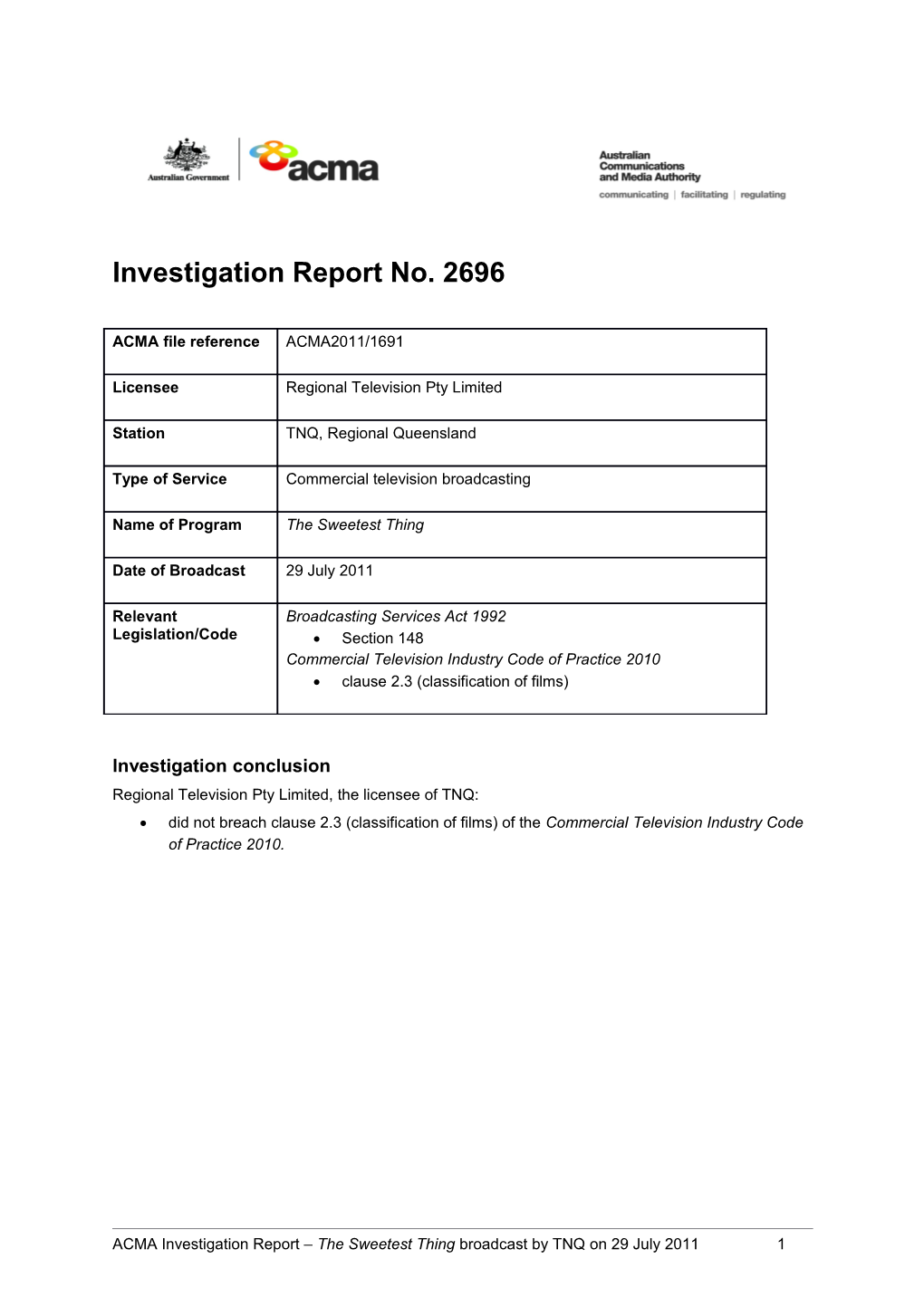 Investigation Report No. 2696