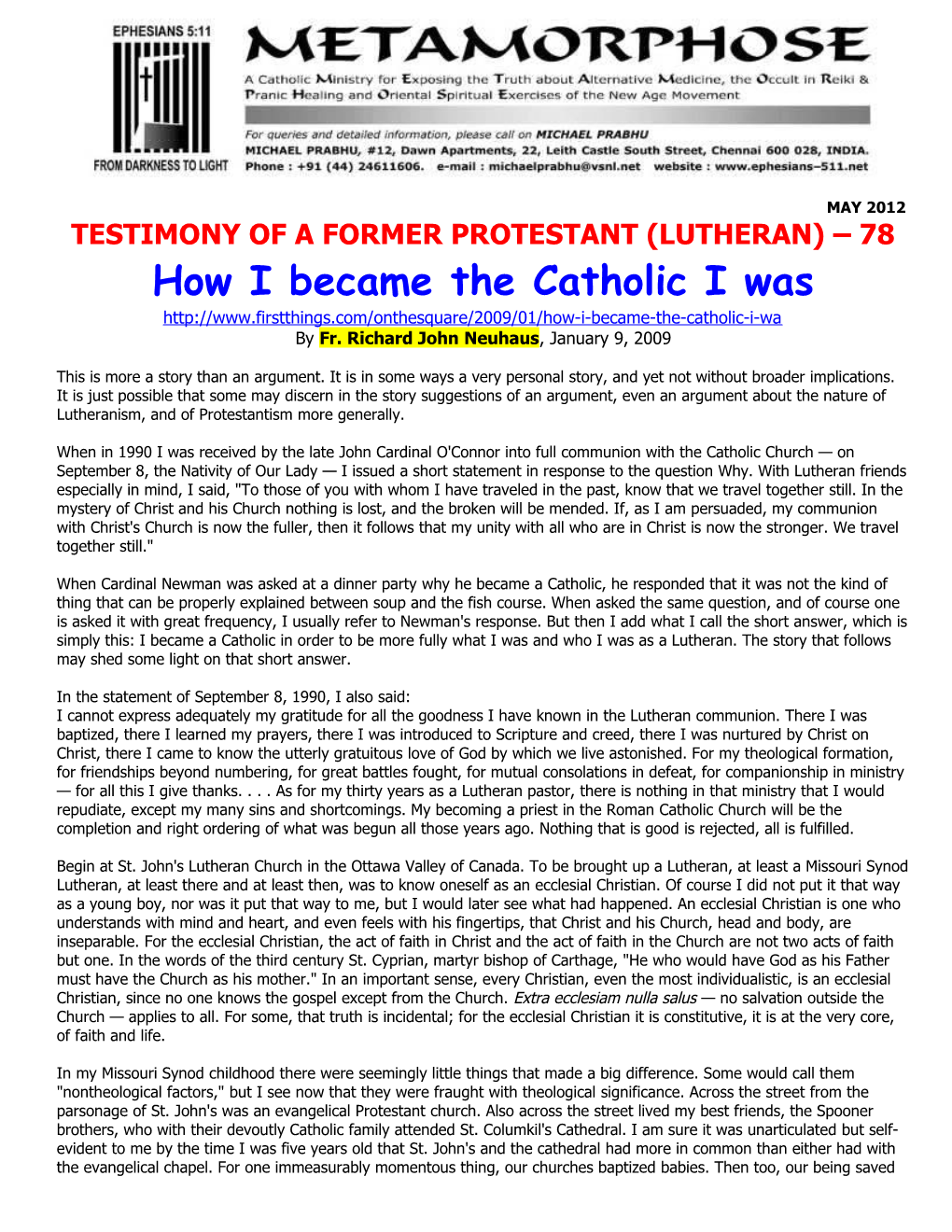 Testimony of a Former Protestant (Lutheran) 78