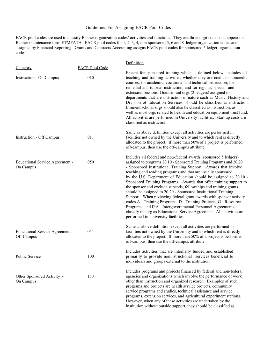 Guidelines for Assigning FACR Pool Codes