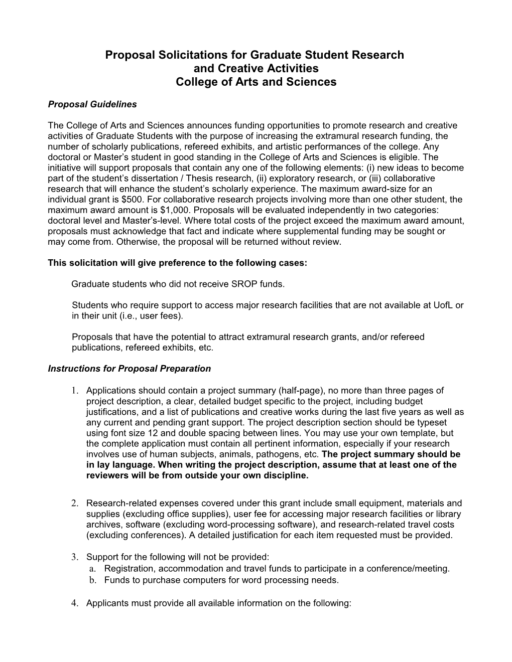 Proposal Solicitations for Graduate Student Research and Creative Activities