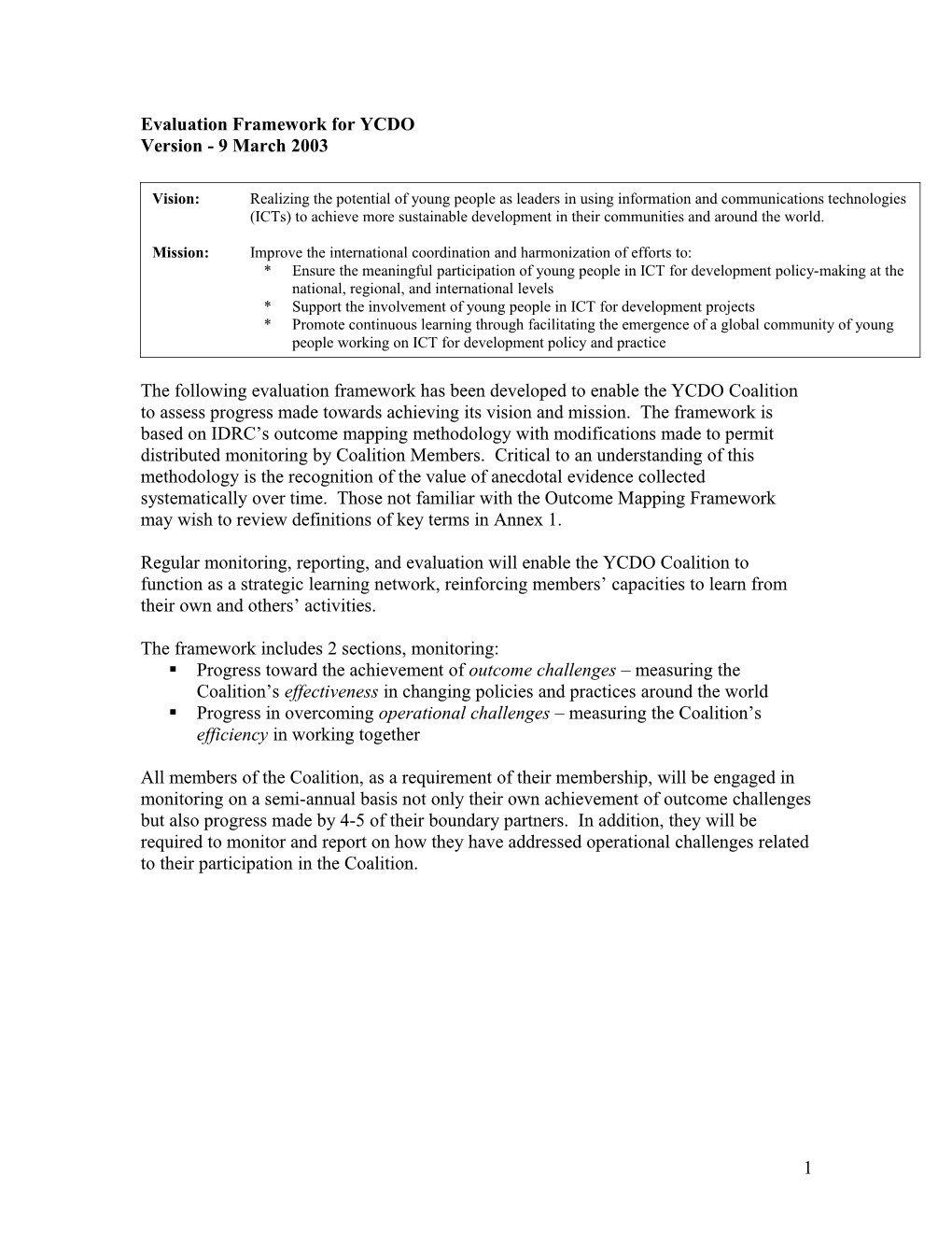 Outcome Mapping Framework for YCDO