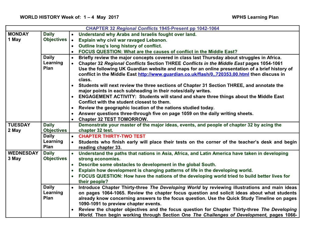 World Historyweek Of: 1 4 May 2017WPHS Learning Plan