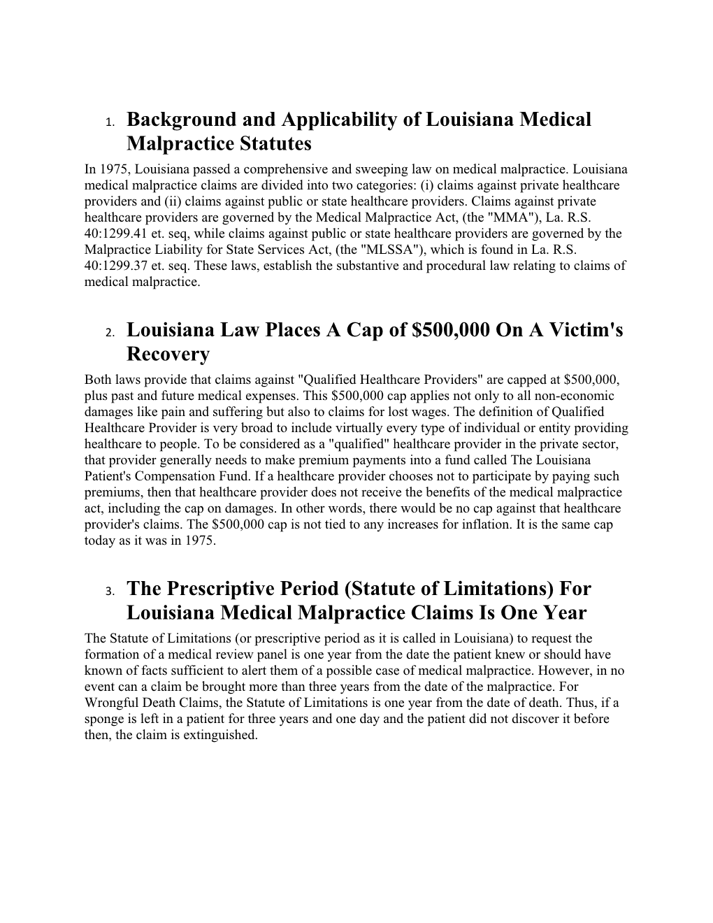 Background and Applicability of Louisiana Medical Malpractice Statutes