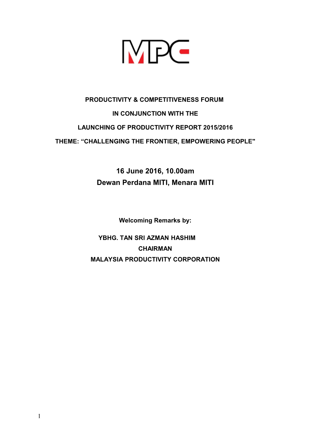 Productivity & Competitiveness Forum