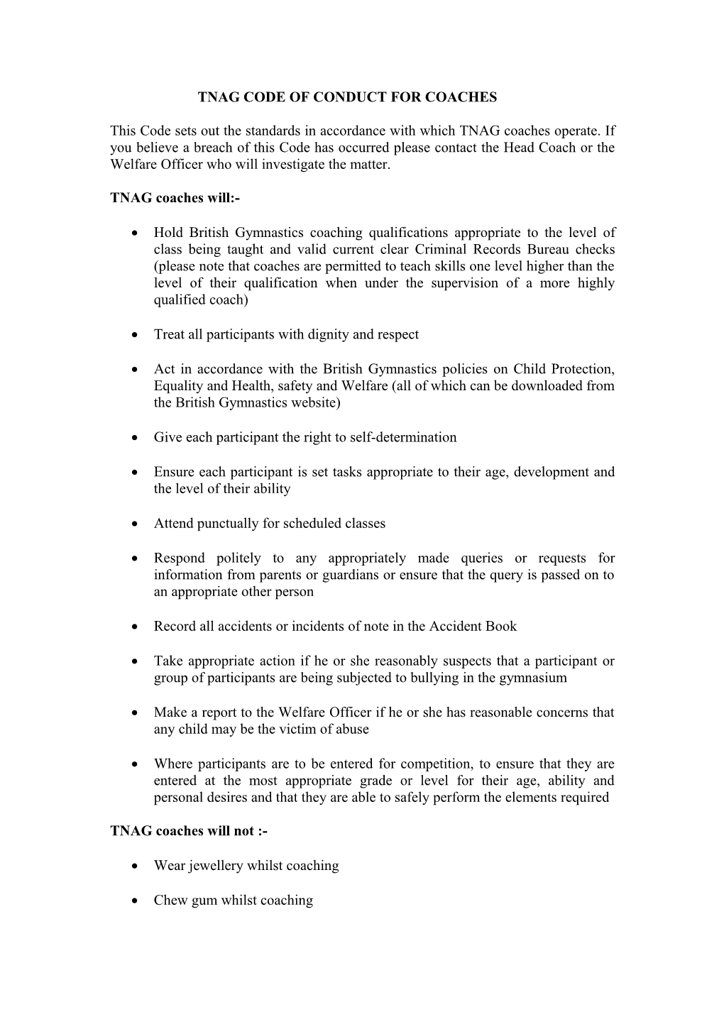 Tnag Code of Conduct for Coaches