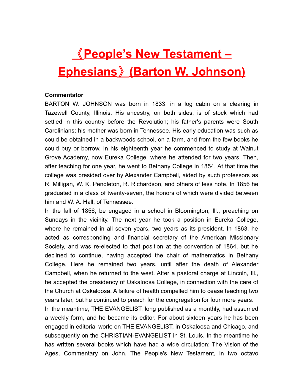 People S New Testament Ephesians (Barton W. Johnson)