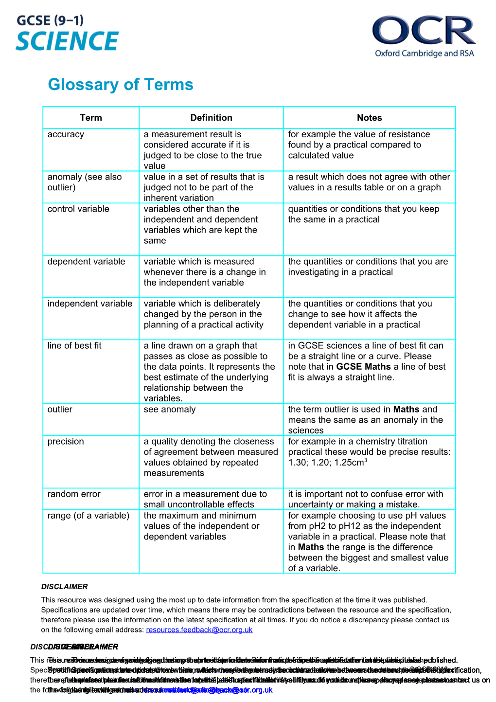 OCR GCSE (9-1) Science Glossary of Terms