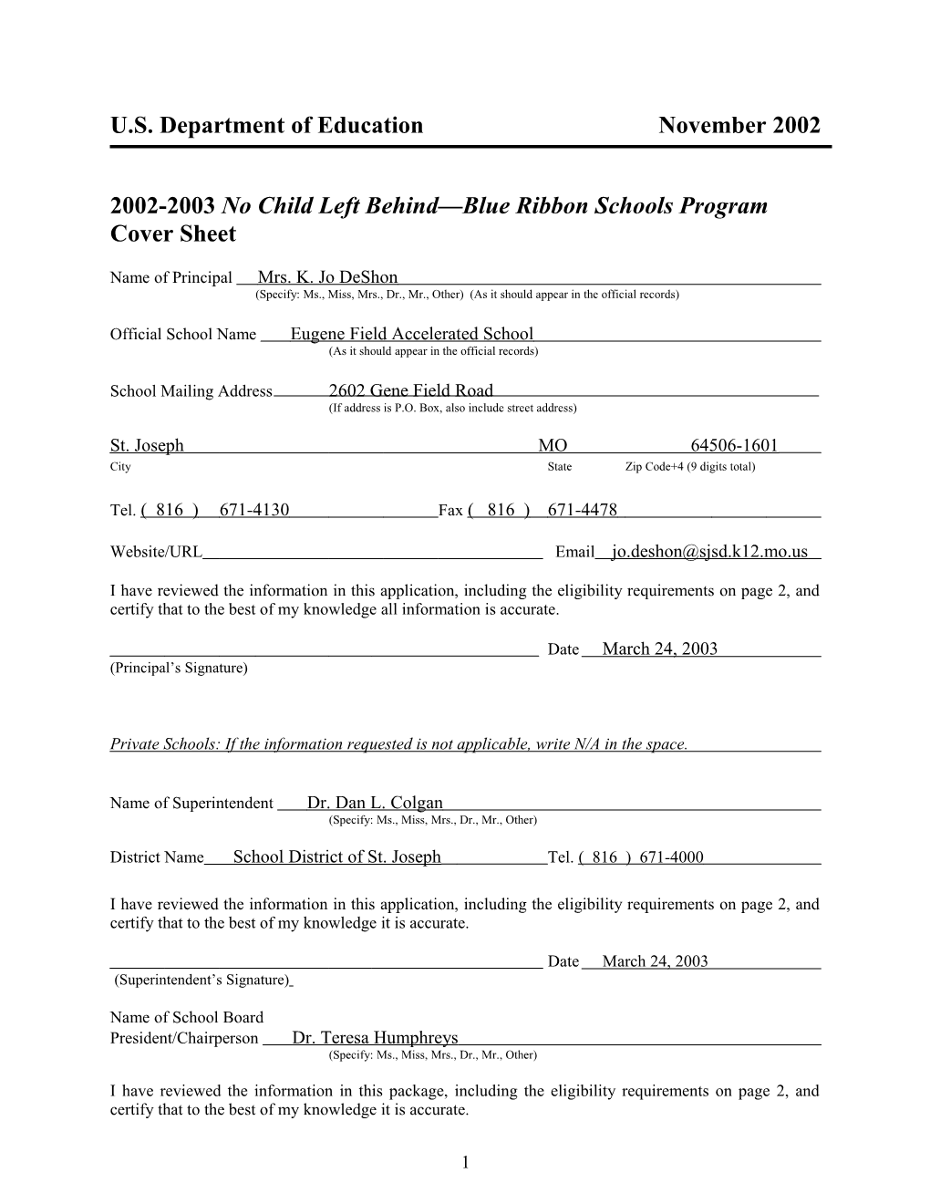 Eugene Field Accelerated School 2003 No Child Left Behind-Blue Ribbon School (Msword)