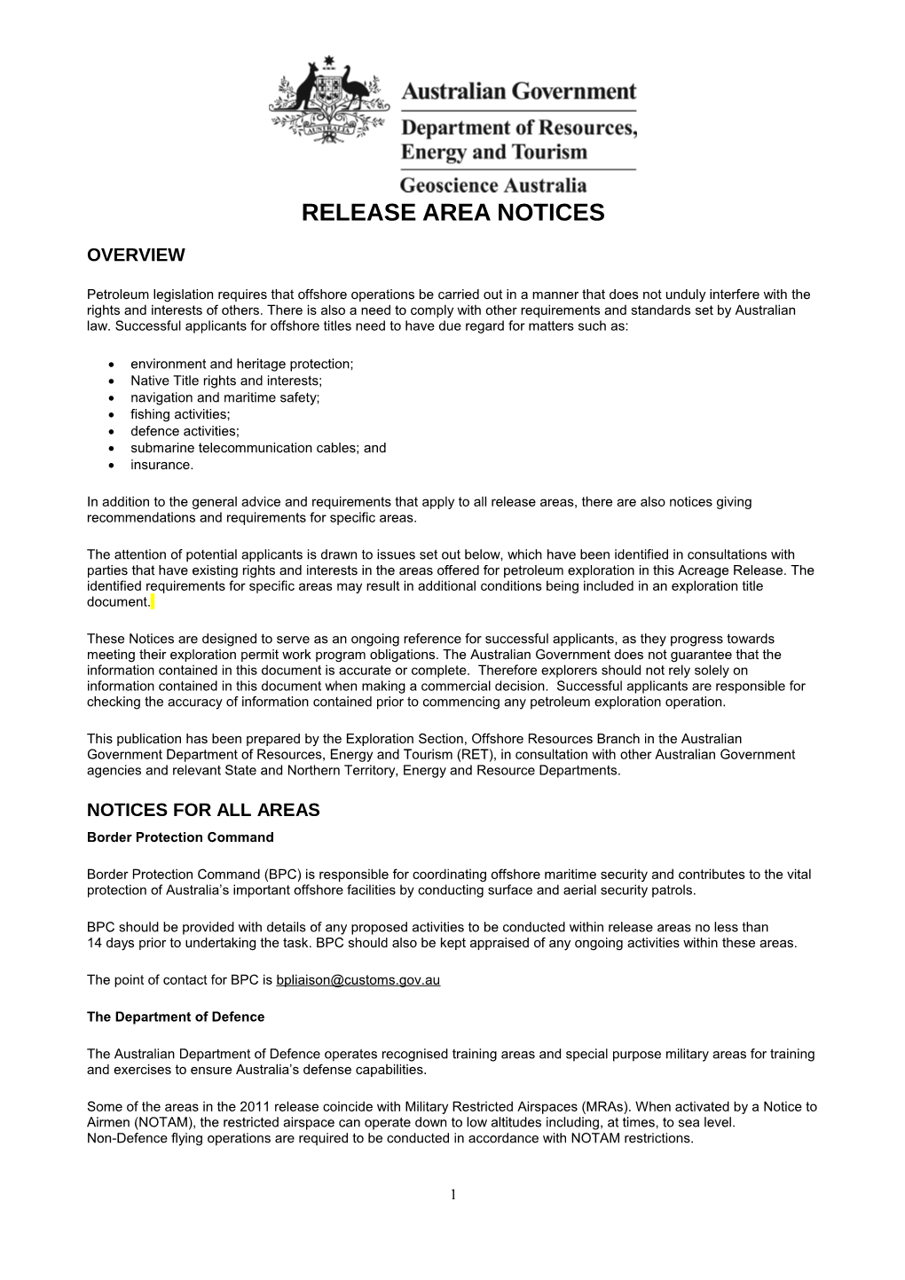 2011 Release Area Special Notices