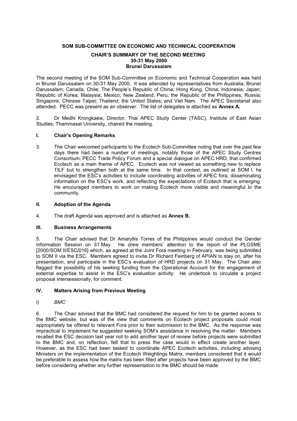 The Chair S Summary of the Meeting of the Som Sub-Committee on Economic and Technical