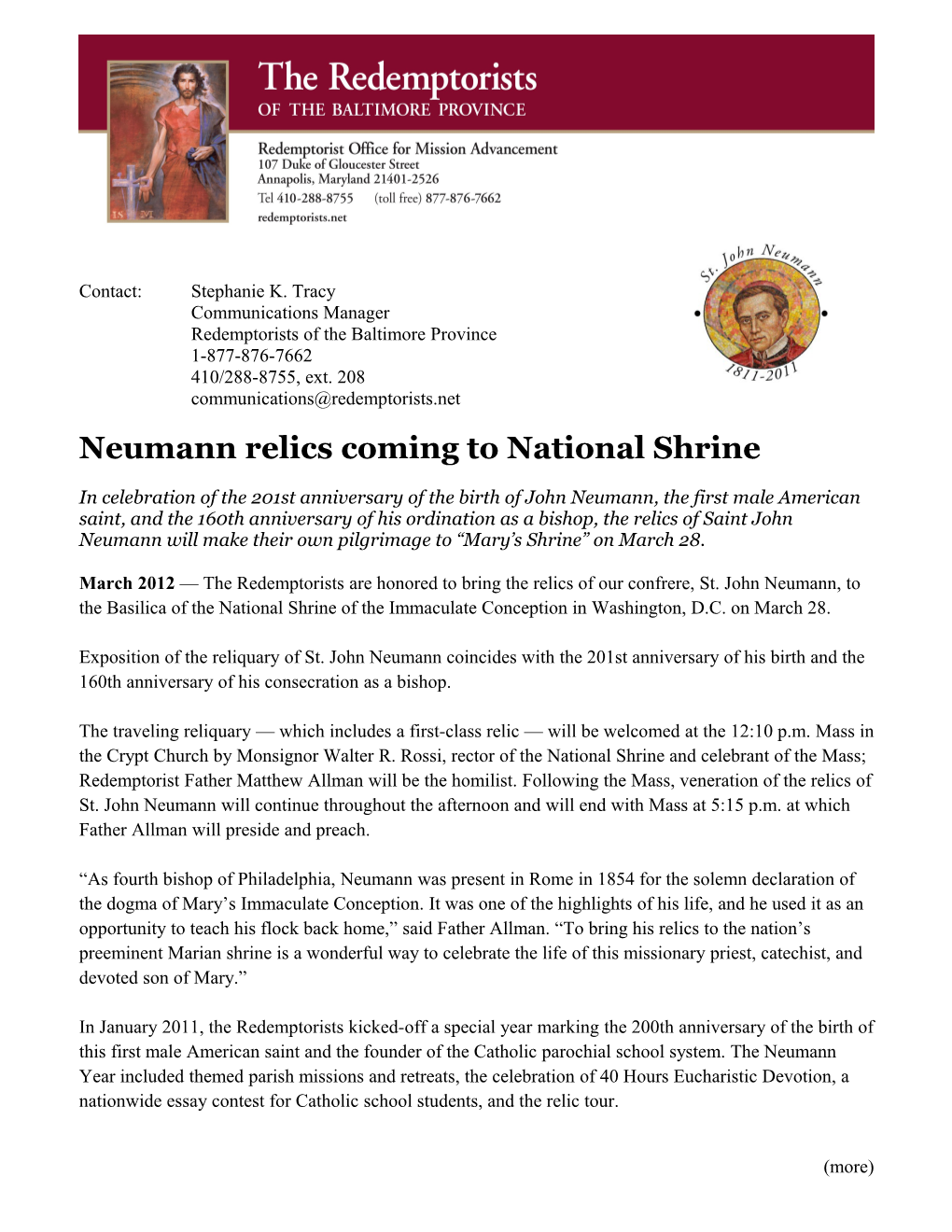 Neumann Relics Coming to National Shrine