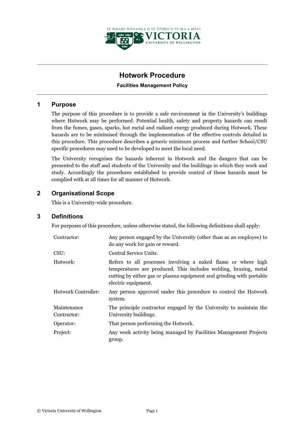 Hotwork Procedurefacilities Management Policy