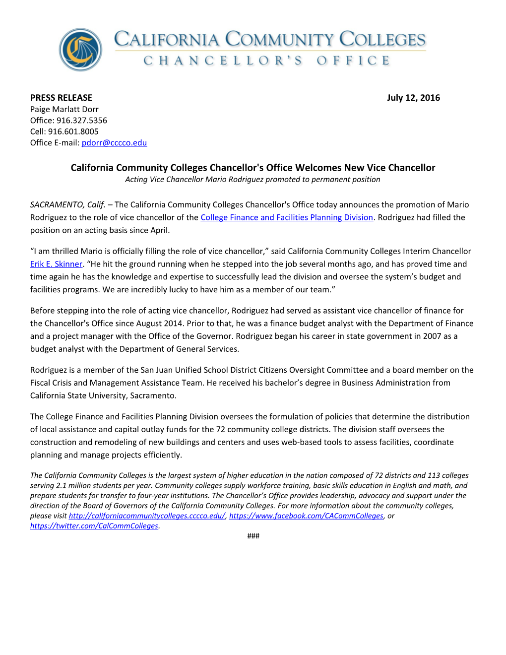 California Community Colleges Chancellor's Office Welcomes New Vice Chancellor