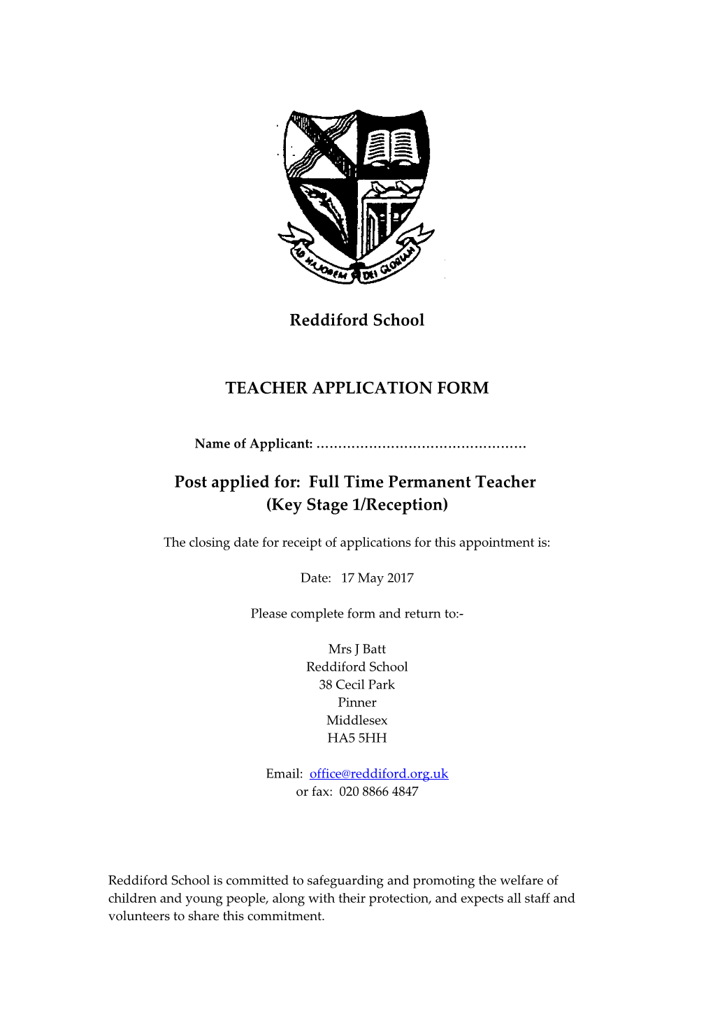 Post Applied For: Full Time Permanent Teacher