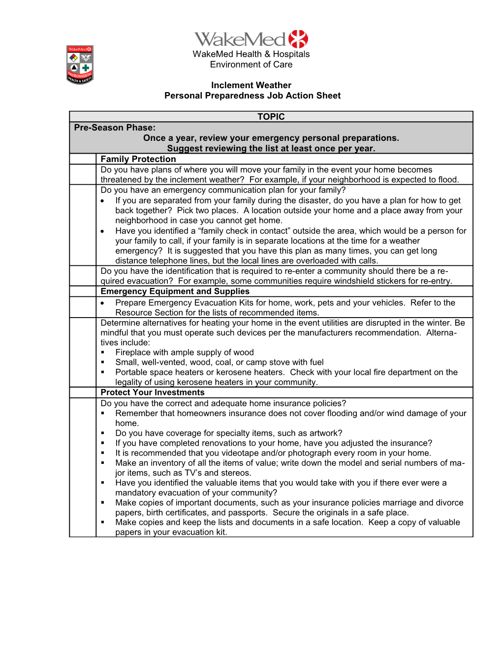 Personal Preparedness Job Action Sheet