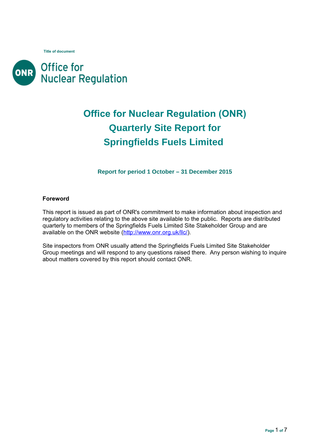 Quarterly Site Report for Springfields Fuels Limited 2015 Quarter 4