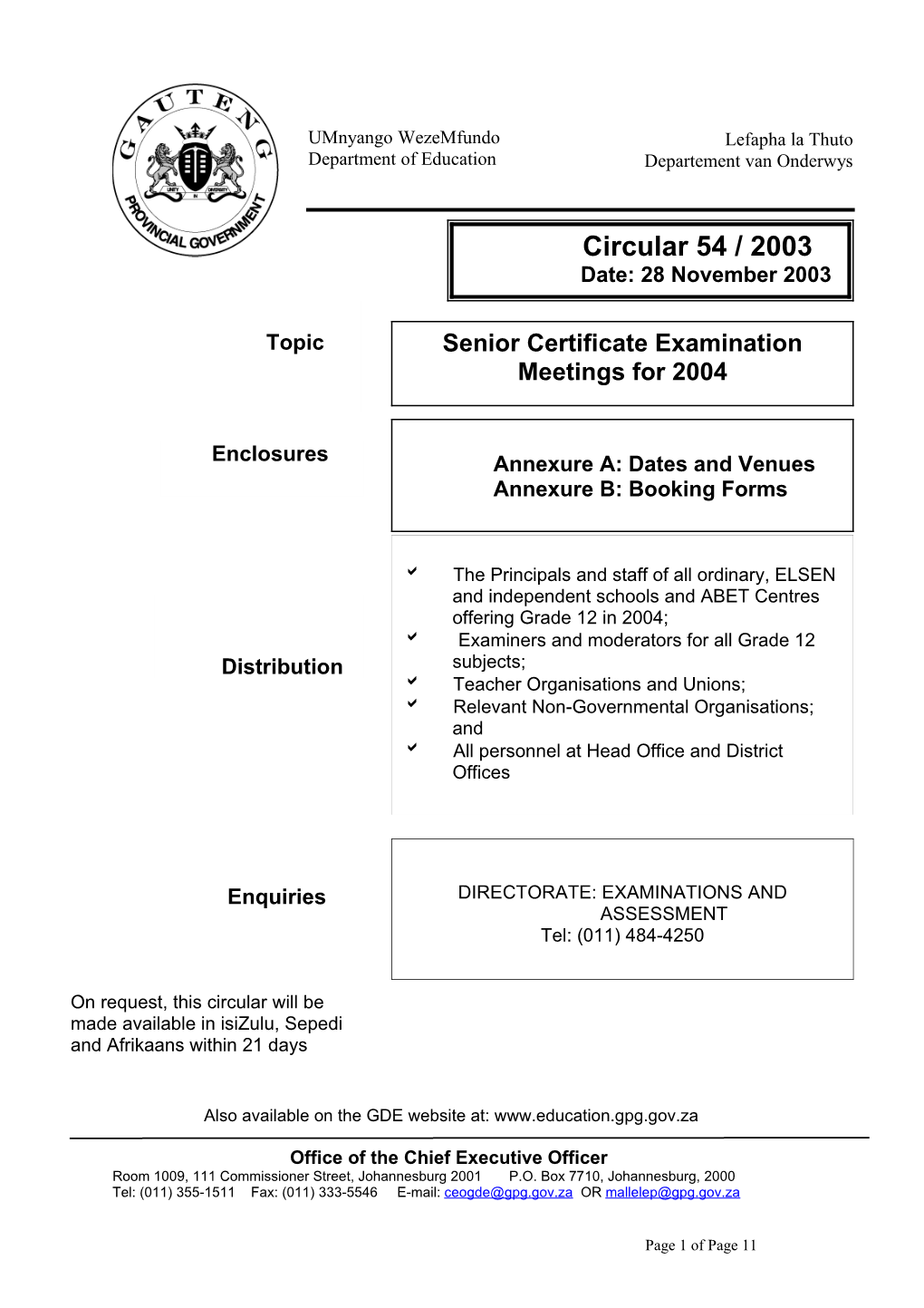 Circ 54 of 2003 Senior Certificate Examination
