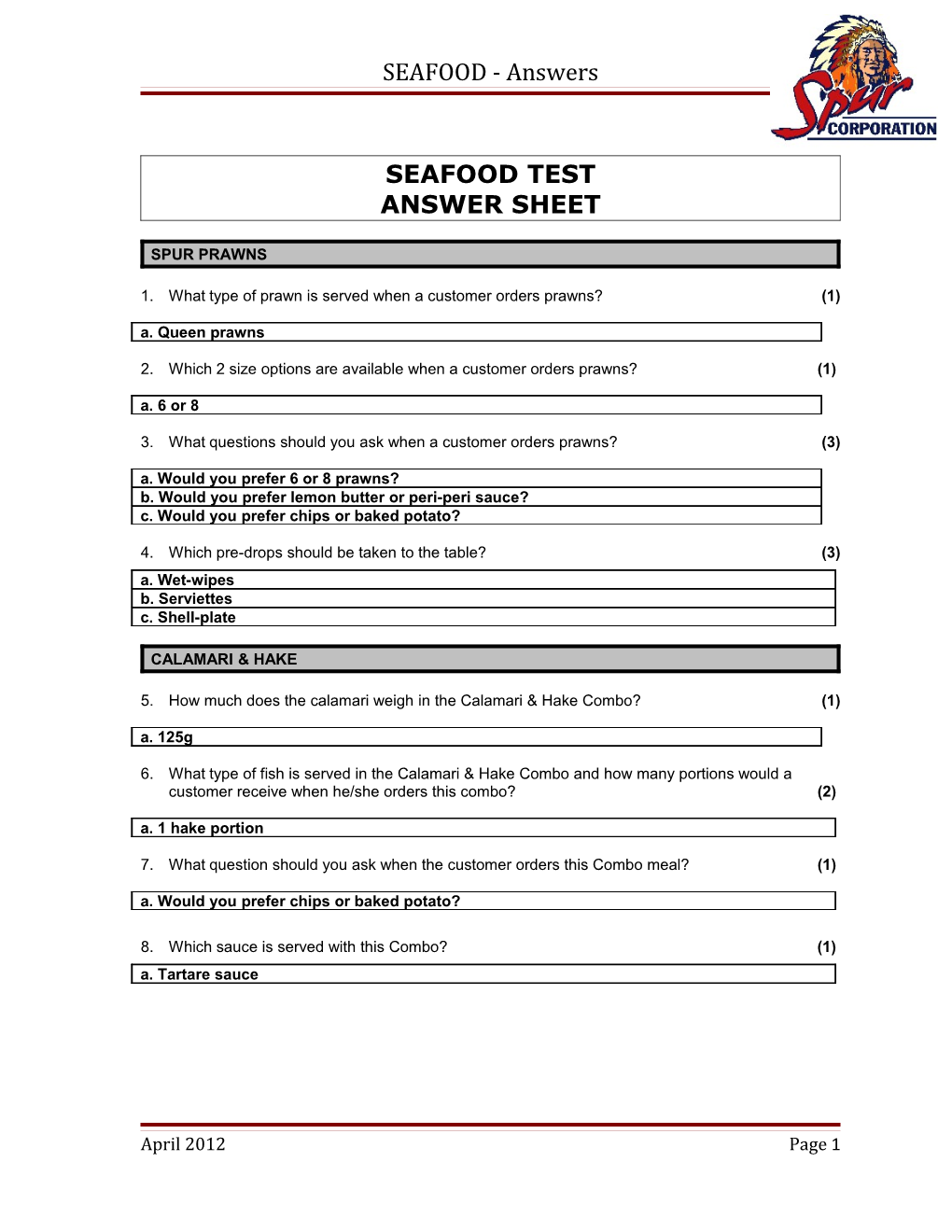 SEAFOOD - Answers