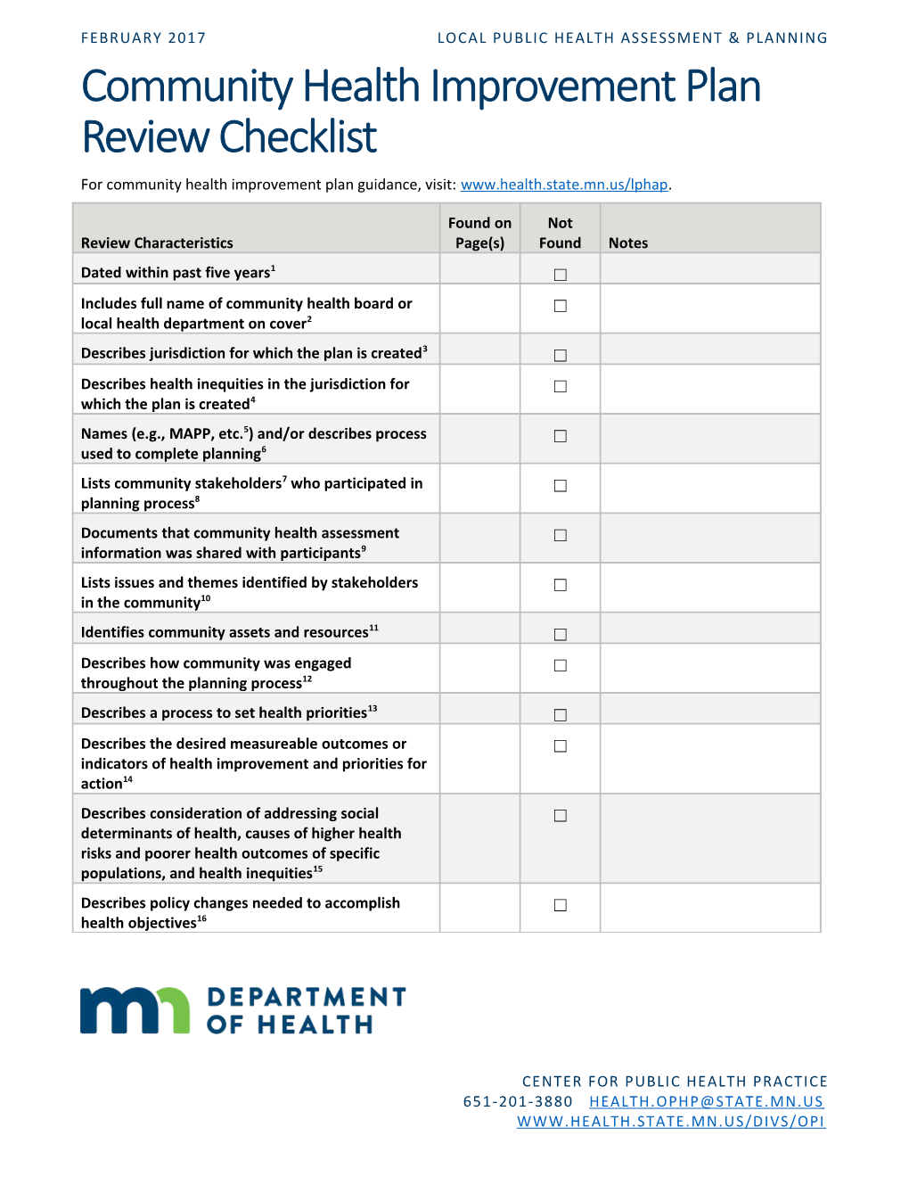 Community Health Improvement Plan Review Checklist
