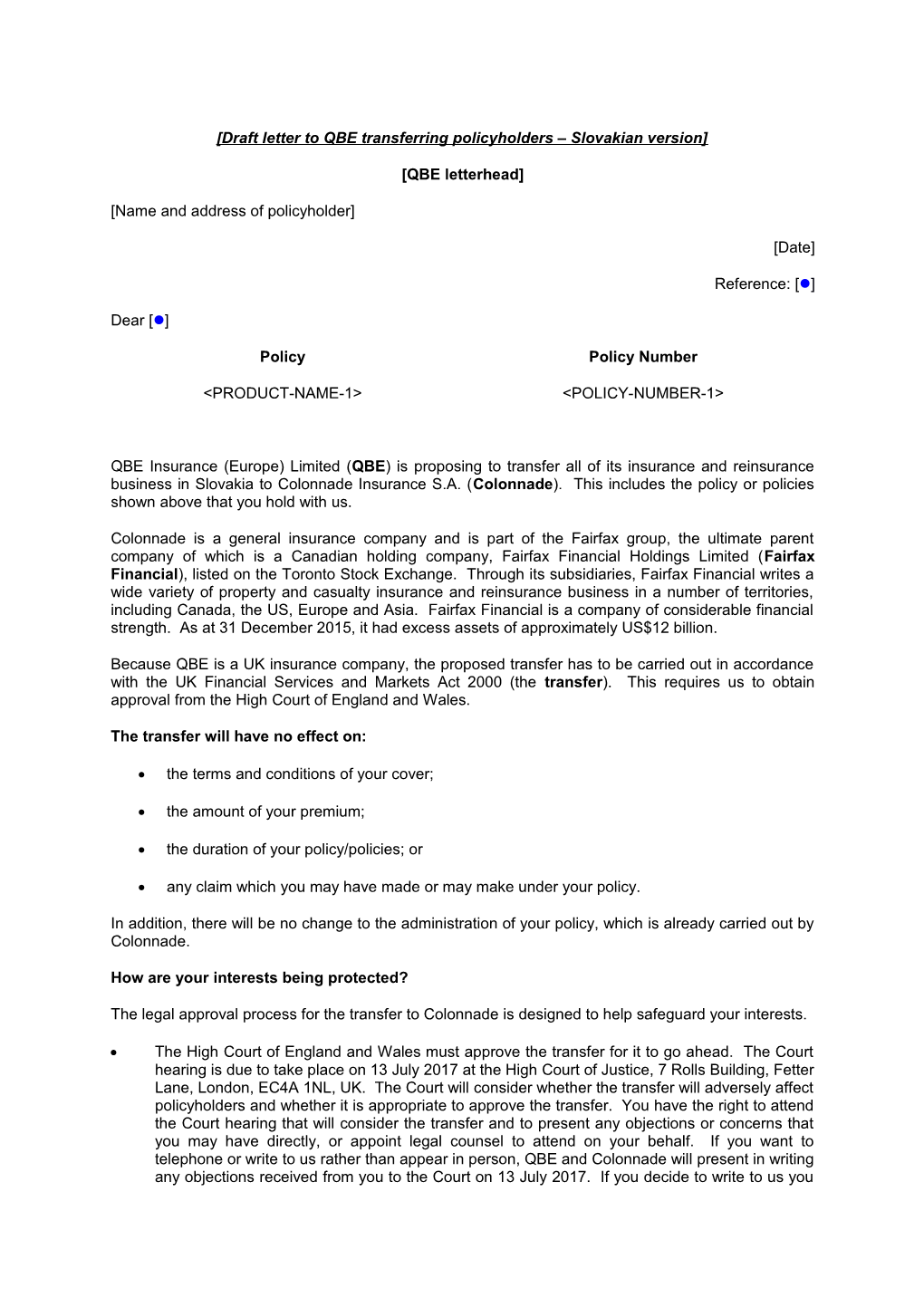 Draft Letter to QBE Transferring Policyholders Slovakian Version