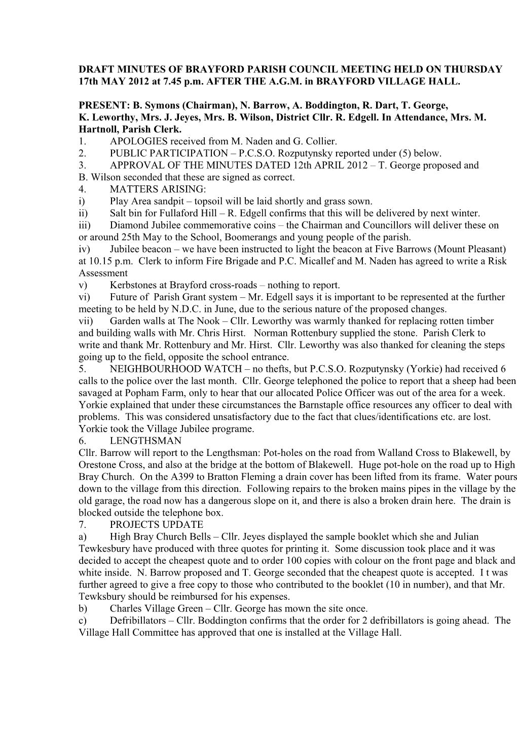 Brayford Parish Council Minutes 17 May 2012