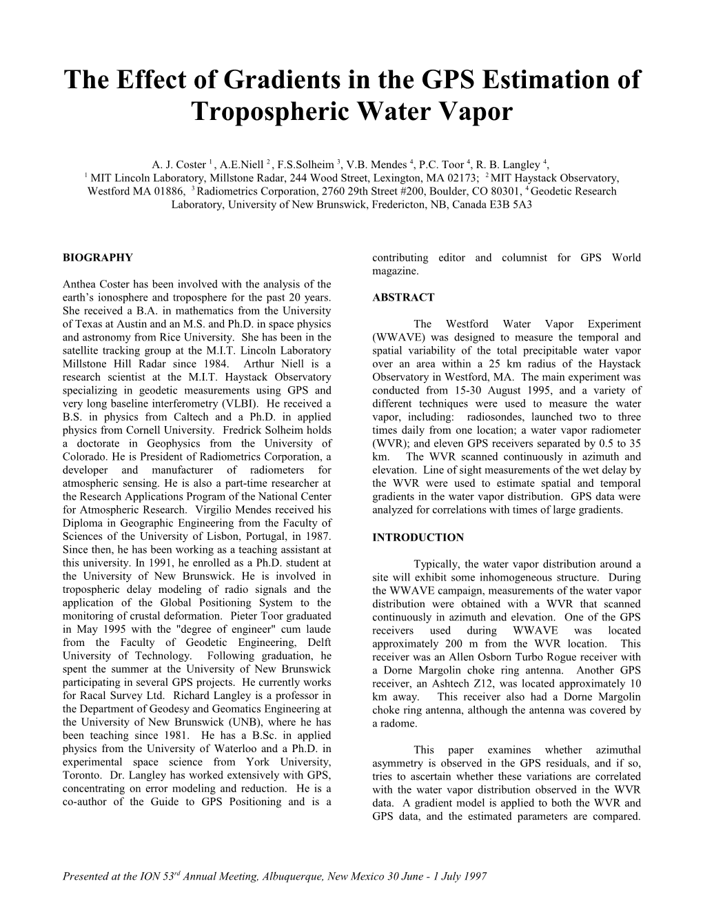 The Westford Water Vapor Experiment: Use of GPS to Determine Total Precipitable Water Vapor