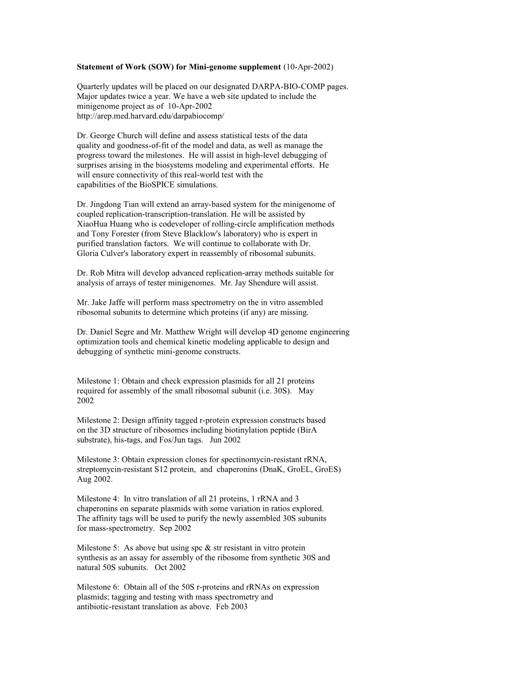 Statement of Work (SOW) for Mini-Genome Supplement (10-Apr-2002)