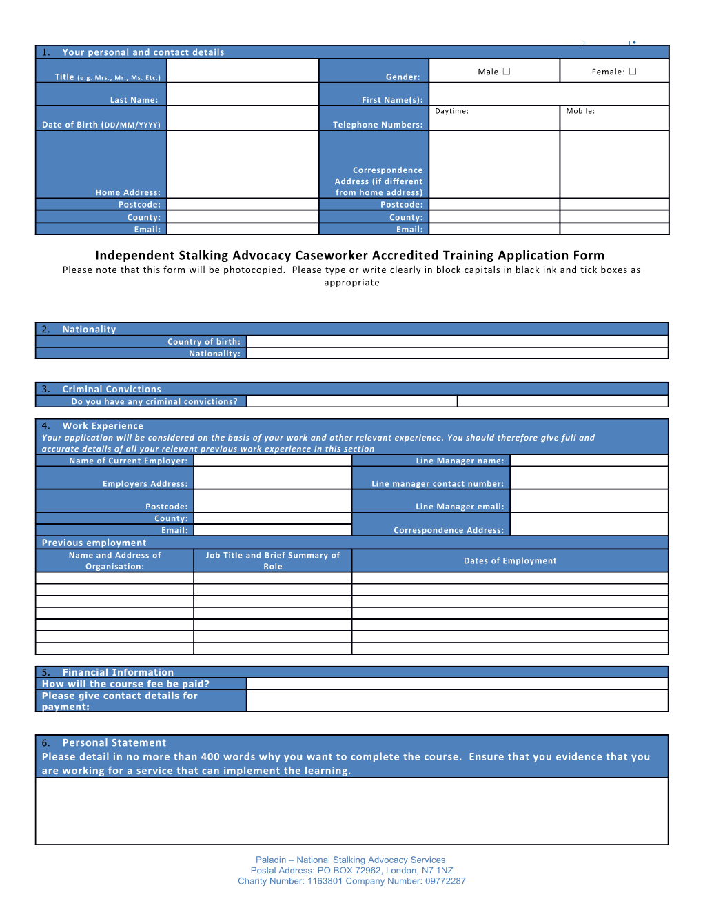 Independent Stalking Advocacy Caseworker Accredited Training Application Form