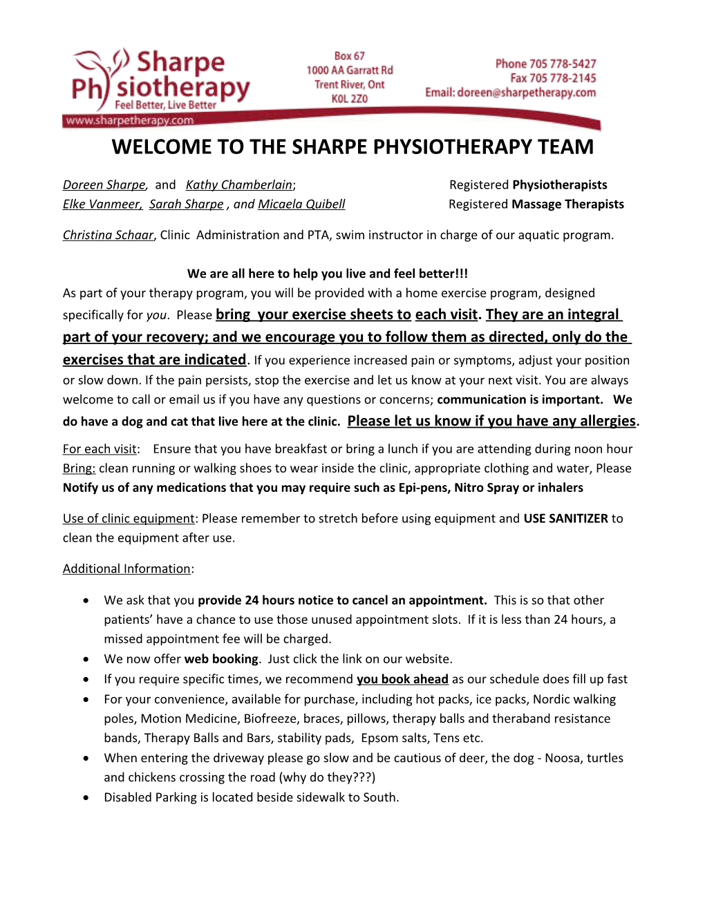 Welcome to the Sharpe Physiotherapy Team