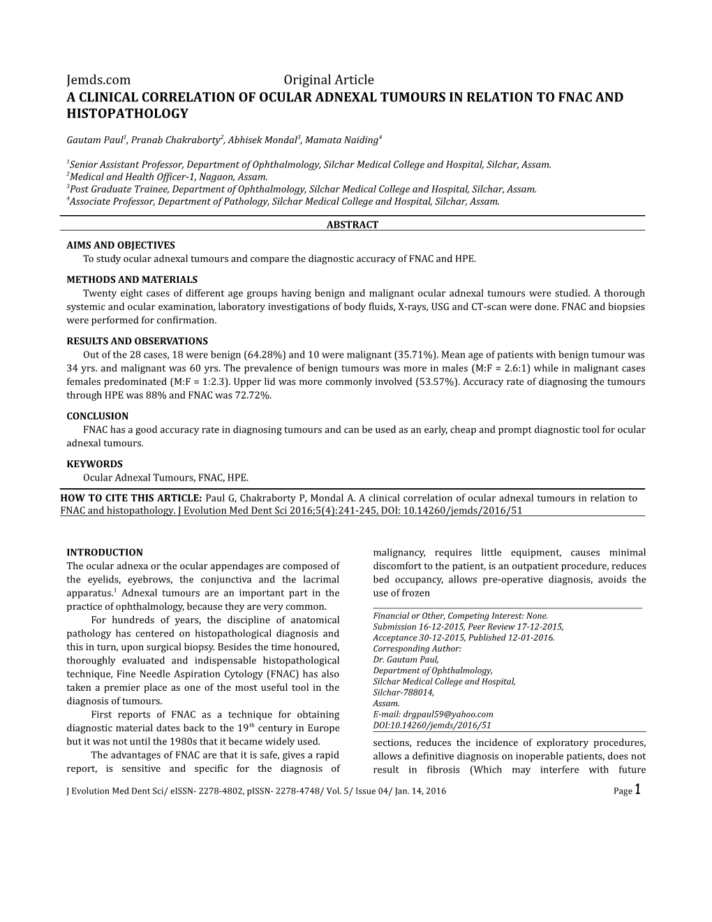 A Clinical Correlation of Ocular Adnexal Tumours in Relation to Fnac and Histopathology