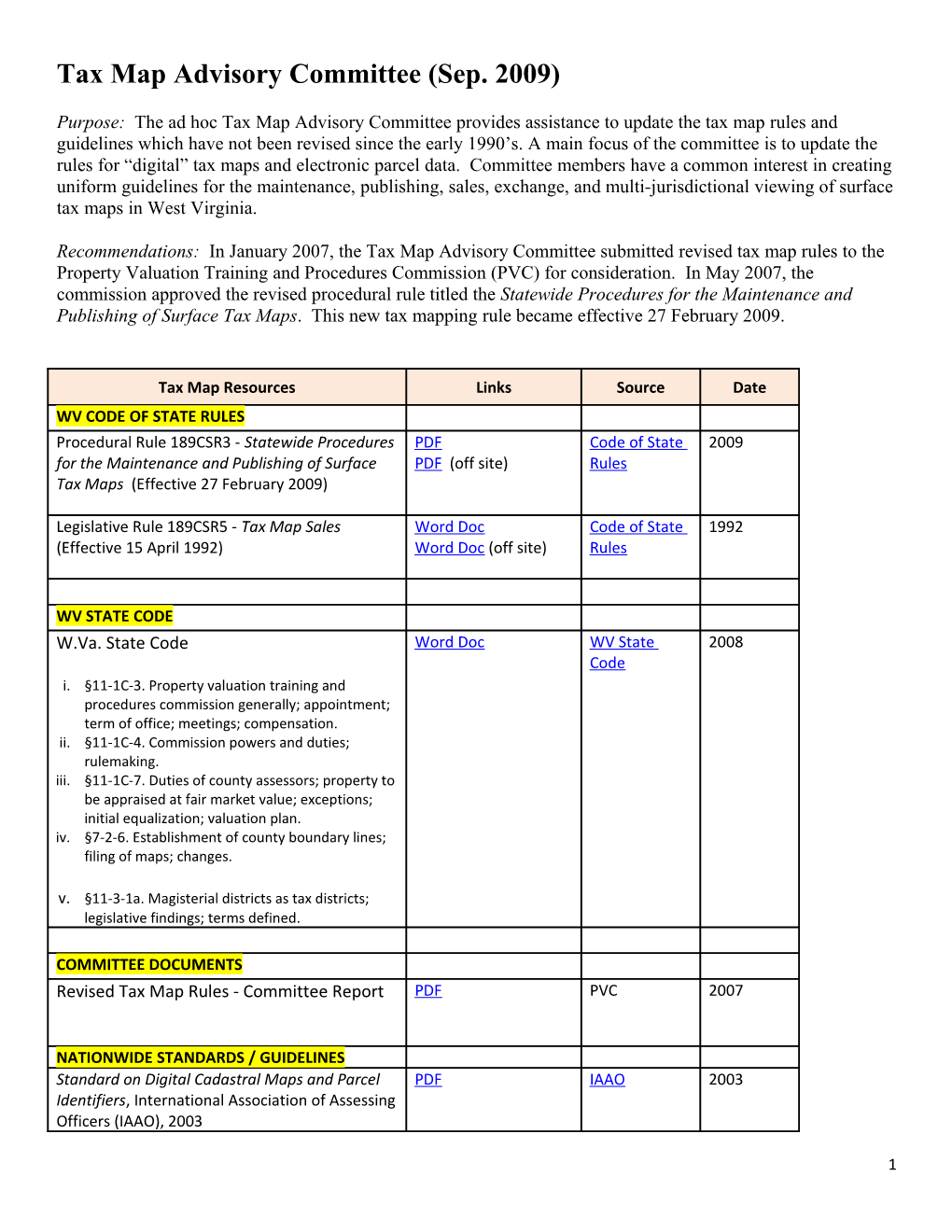 Tax Map Advisory Committee (Sep. 2009)