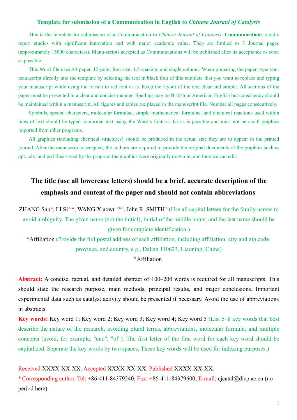 Template for Submission of Acommunicationin Englishto Chinese Jouranl of Catalysis