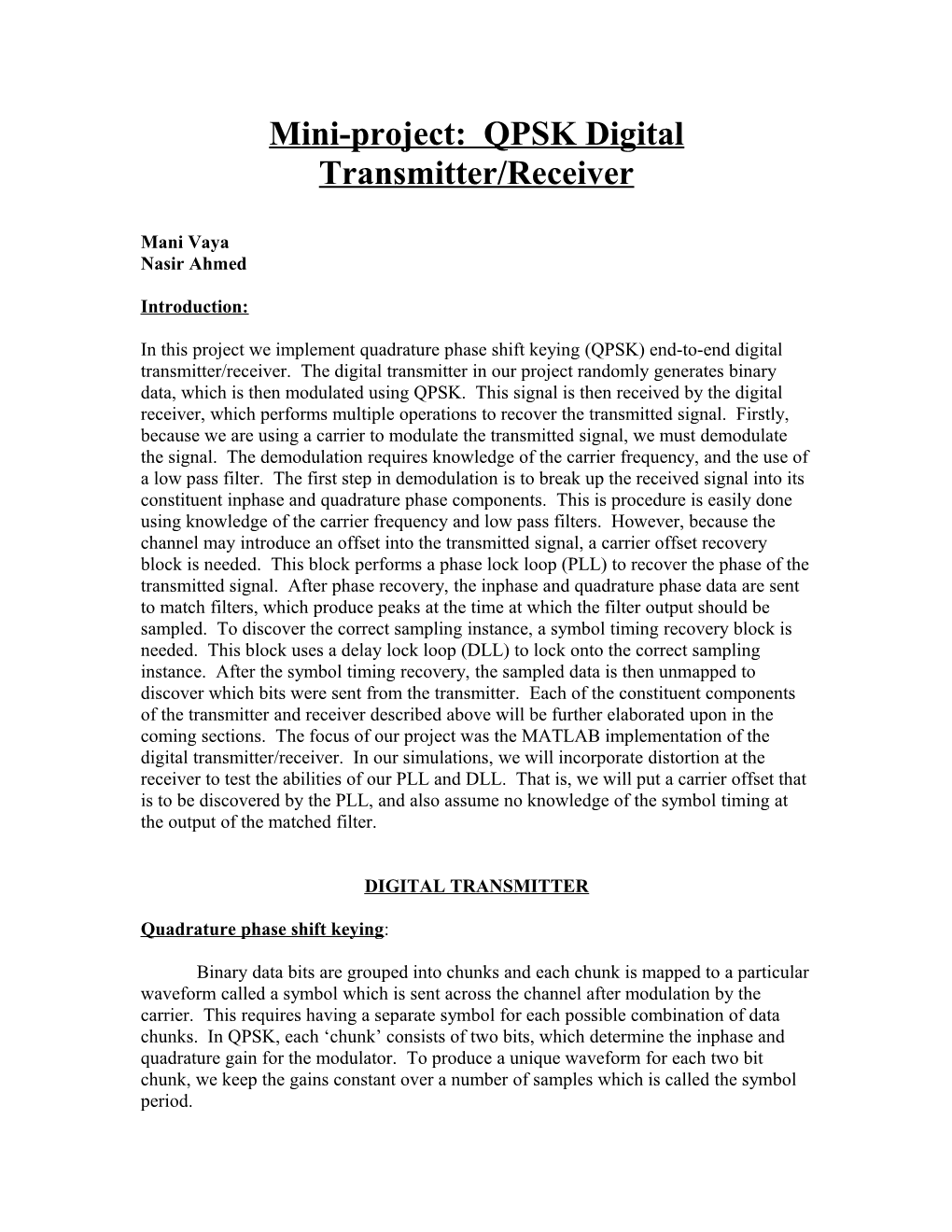 Miniproject: QPSK Digital Transmitter/Receiver