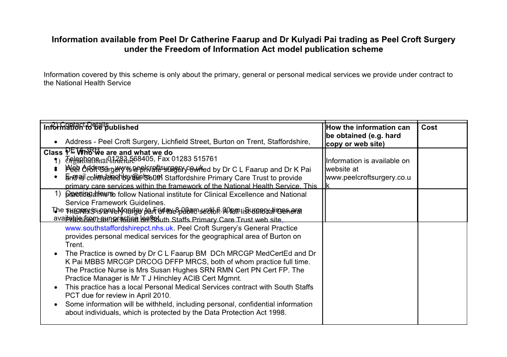 Information Available from Peel Dr Catherine Faarup and Dr Kulyadi Pai Trading As Peel