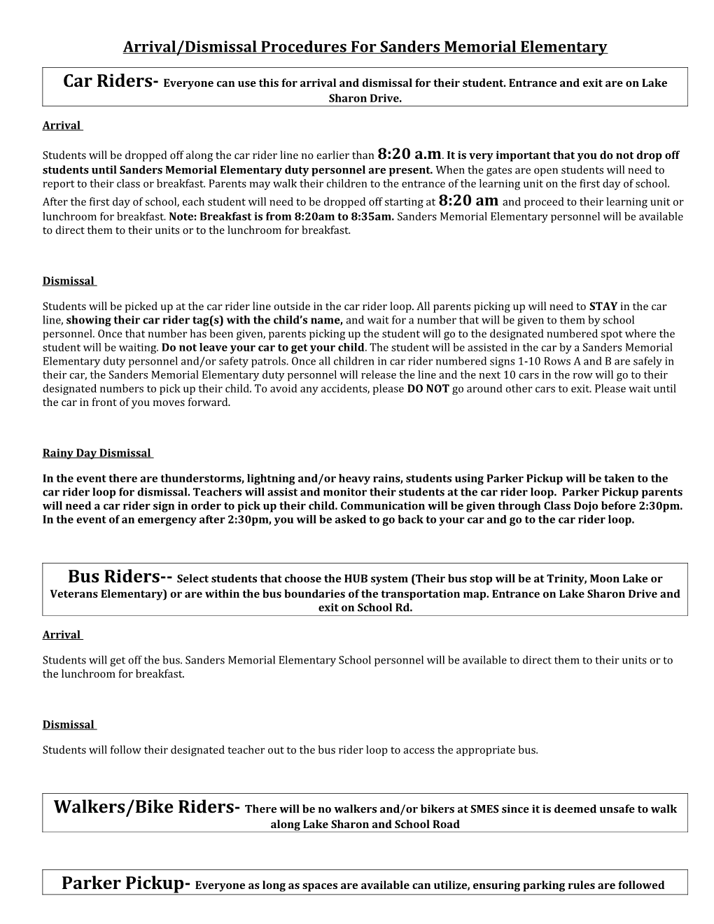 Arrival/Dismissal Procedures for Sanders Memorial Elementary