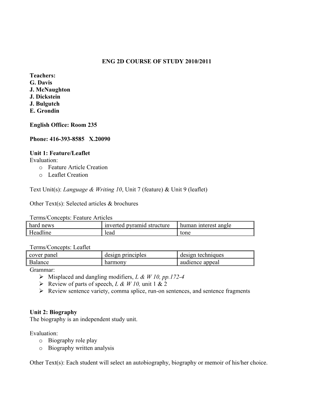 Eng 2D Course of Study 2010/2011