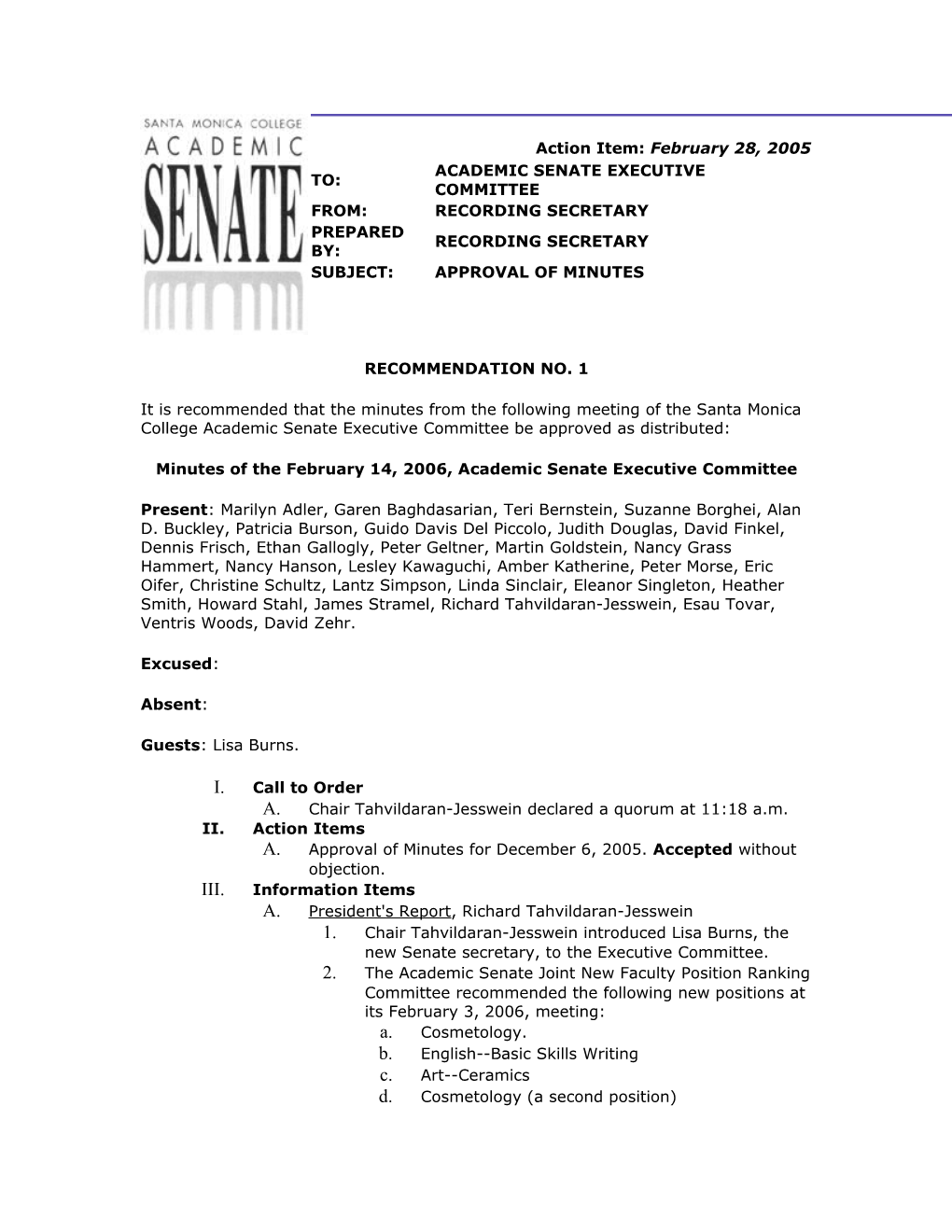 Minutes of the February 14, 2006, Academic Senate Executive Committee