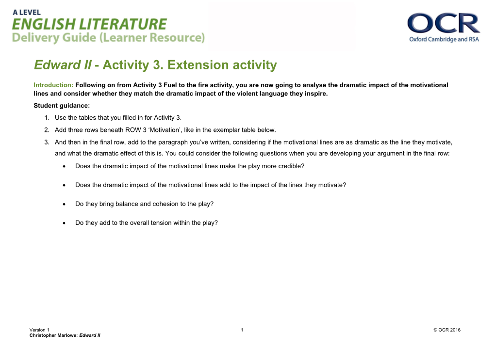 OCR a Level English Literature Delivery Guide Learner Resource Edward II - Activity 3 Fuel