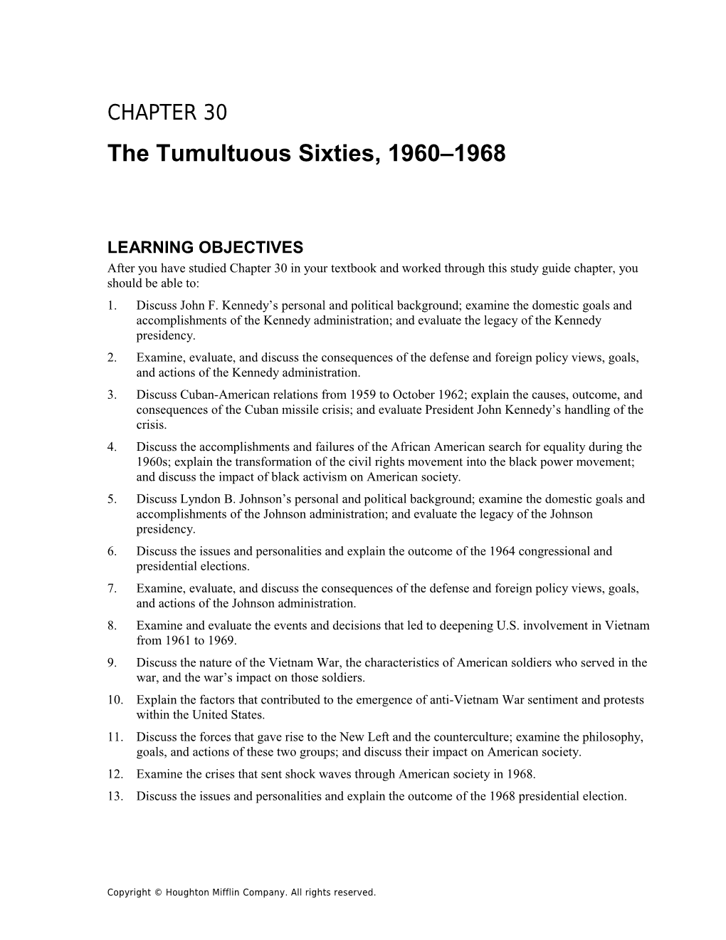 Chapter 30: the Tumultuous Sixties, 1960 1968 1