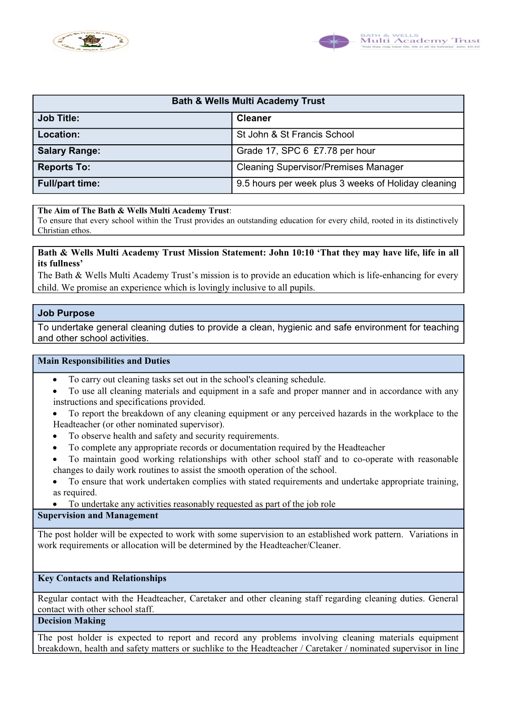 To Carry out Cleaning Tasks Set out in the School's Cleaning Schedule